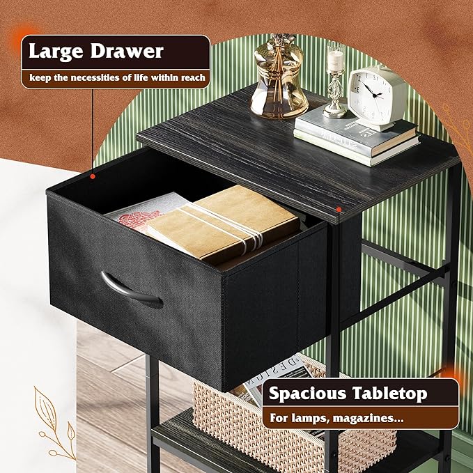 WLIVE Nightstands Set of 2, Black Nightstand with Fabric Storage Drawer and Open Wood Shelf, Night Stand set 2 with Steel Frame, Side Table for Bedroom, Dorm, Charcoal Black, 24.9" Height - LeafyLoom