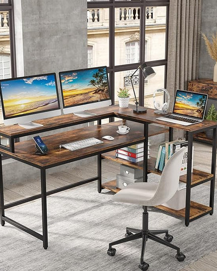 Reversible L Shaped Computer Desk with Storage Shelf, Industrial Corner Desk with Monitor Stand for Home Office - LeafyLoom
