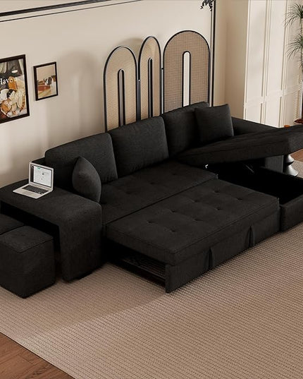 Convertible Futon Bed, Button Tufted Folding Sleeper Adjustable Backrest,Wooden Frame & 2 Pillows Small Sofa & Couches for Living Room,Apartment,Home Decor, Black 104.5" - LeafyLoom