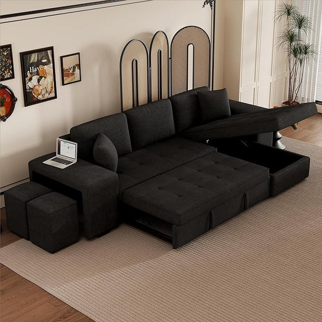 Convertible Futon Bed, Button Tufted Folding Sleeper Adjustable Backrest,Wooden Frame & 2 Pillows Small Sofa & Couches for Living Room,Apartment,Home Decor, Black 104.5" - LeafyLoom