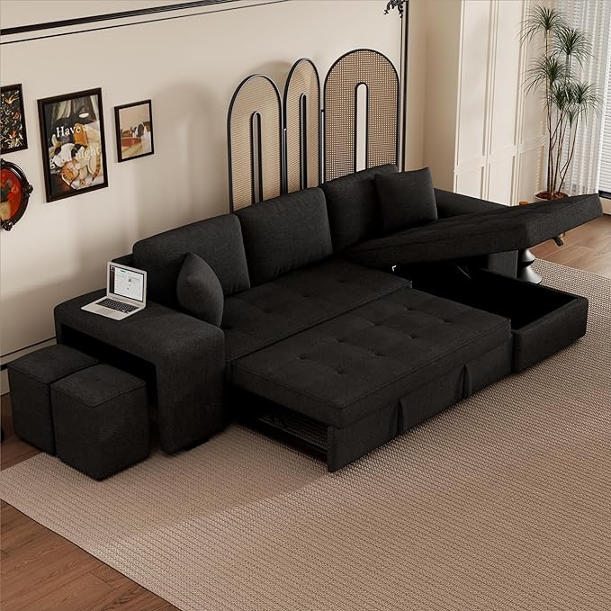 Convertible Futon Bed, Button Tufted Folding Sleeper Adjustable Backrest,Wooden Frame & 2 Pillows Small Sofa & Couches for Living Room,Apartment,Home Decor, Black 104.5" - LeafyLoom