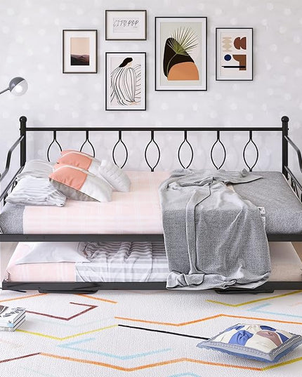 Full Daybed with Trundle, Metal Day Bed with Pull Out Trundle, Sofa Bed with Twin Size Portable Folding Trundle, Bed Frame for Bedroom, Living Room, Guest Room, Home, No Box Spring Needed, Black - LeafyLoom
