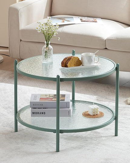 VINGLI 25.6" Small Light Bright Green Round Coffee Table Water-Wave Glass Circle Clear Center Coffee Table with 2-Tier Modern Storage Design for Living Room, Bedroom, Meeting Room, Balcony, Patio - LeafyLoom