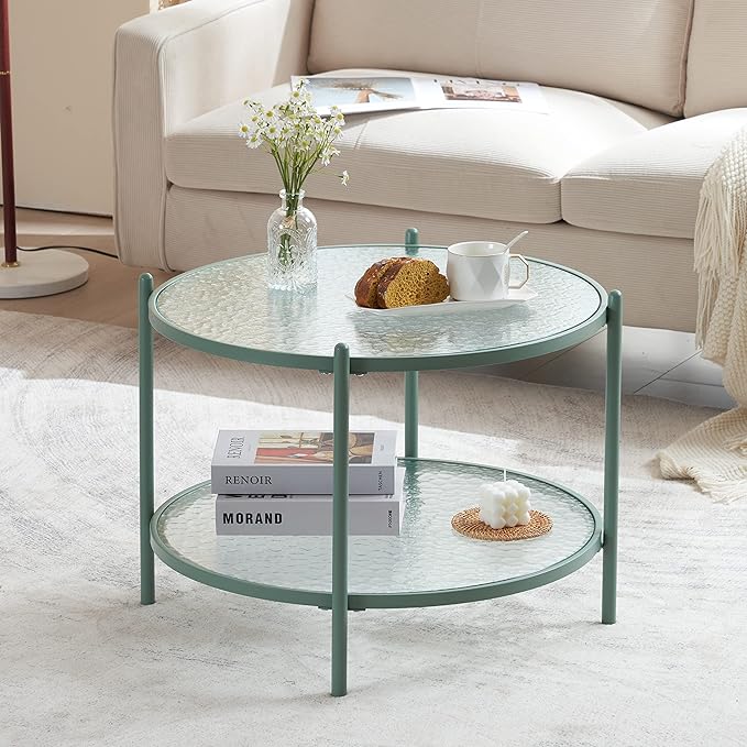 VINGLI 25.6" Small Light Bright Green Round Coffee Table Water-Wave Glass Circle Clear Center Coffee Table with 2-Tier Modern Storage Design for Living Room, Bedroom, Meeting Room, Balcony, Patio - LeafyLoom