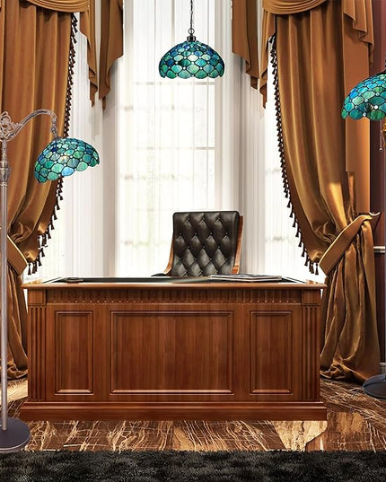 Tiffany Floor Lamp Stained Glass Lamp 18X12X67 Inch Angle Adjustable Arched Gooseneck Antique Reading Light (Sea Blue Pearl) - LeafyLoom