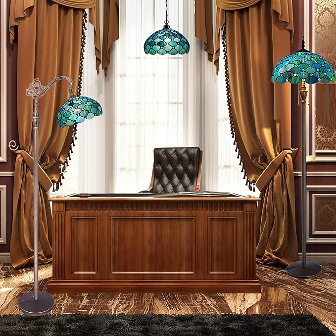 Tiffany Floor Lamp Stained Glass Lamp 18X12X67 Inch Angle Adjustable Arched Gooseneck Antique Reading Light (Sea Blue Pearl) - LeafyLoom