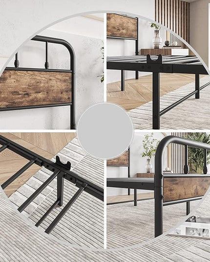 Full Size Metal Bed Frame with Rustic Vintage Wood Headboard and Footboard,Strong Metal Slats Support,No Box Spring Needed,Black - LeafyLoom