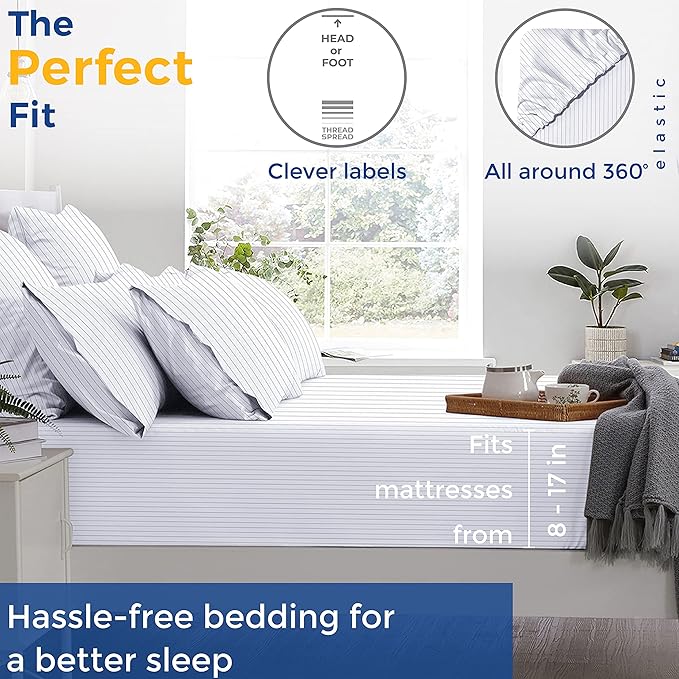 THREAD SPREAD 100% Egyptian Cotton Printed Bed Sheets - 600 Thread Count 4 PC Full Sheet Set, Hotel Luxury Sateen Bedsheets, 16" Deep Pocket Cooling Sheets for Full Size Bed - Pinstripe - Light Grey - LeafyLoom