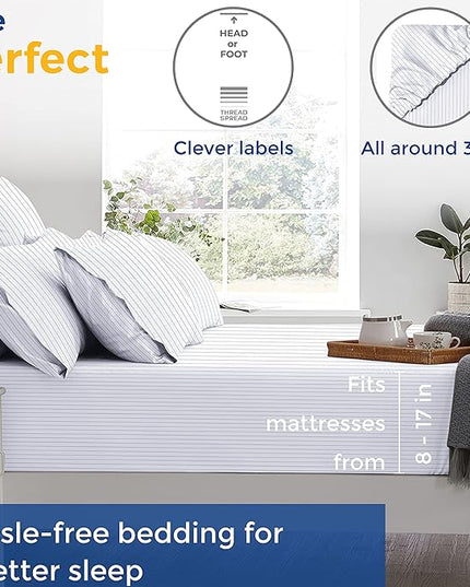 THREAD SPREAD 100% Egyptian Cotton Printed Bed Sheets - 600 Thread Count 4 PC Queen Sheet Set, Hotel Luxury Sateen Bedsheets, 16" Deep Pocket Cooling Sheets for Queen Size Bed - Pinstripe - Light Grey - LeafyLoom