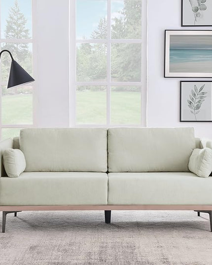 Modern Linen Upholstered 3-Seat Sofa Couch with Stainless Steel Trim and Metal Legs for Living Room, 2 Pillows Included, 72.83", Beige-119 - LeafyLoom