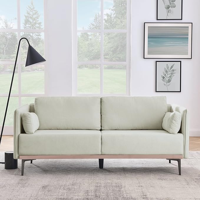 Modern Linen Upholstered 3-Seat Sofa Couch with Stainless Steel Trim and Metal Legs for Living Room, 2 Pillows Included, 72.83", Beige-119 - LeafyLoom