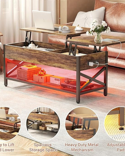 Coffee Table, Lift Top Coffee Table with Storage, LED Light & Power Outlet and Hidden Compartment, Retro Center Table for Living Room, X Support Wood Tabletop, Metal Frame, Rustic Brown - LeafyLoom