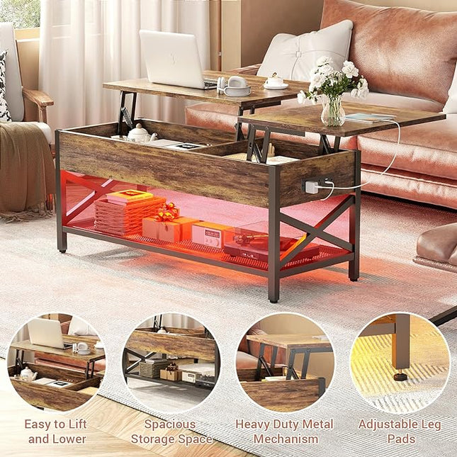 Coffee Table, Lift Top Coffee Table with Storage, LED Light & Power Outlet and Hidden Compartment, Retro Center Table for Living Room, X Support Wood Tabletop, Metal Frame, Rustic Brown - LeafyLoom