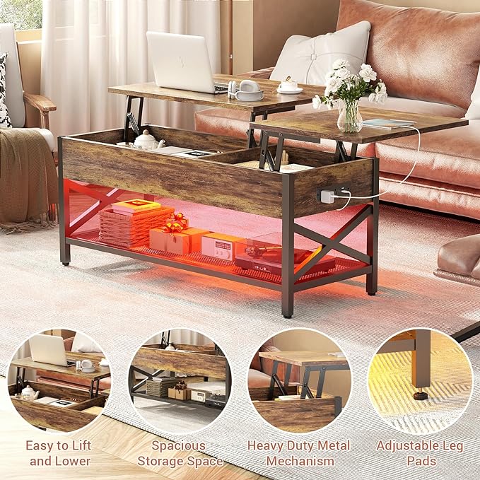 Coffee Table, Lift Top Coffee Table with Storage, LED Light & Power Outlet and Hidden Compartment, Retro Center Table for Living Room, X Support Wood Tabletop, Metal Frame, Rustic Brown - LeafyLoom