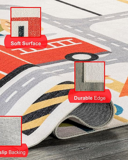 nuLOOM Carmina City Streets Machine Washable Kids Ultra Thin Area Rug, 4' x 6', White Multi - LeafyLoom