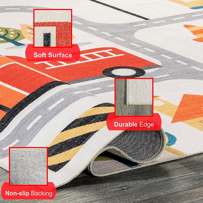 nuLOOM Carmina City Streets Machine Washable Kids Ultra Thin Area Rug, 4' x 6', White Multi - LeafyLoom