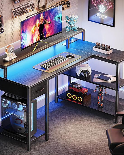 SUPERJARE 47 inch Reversible L Shaped Desk with LED Lights & Power Outlets, Computer Desk with Shelves & Monitor Stand, Gaming Desk with Drawer, Home Office Desk Corner Desk, Grey - LeafyLoom