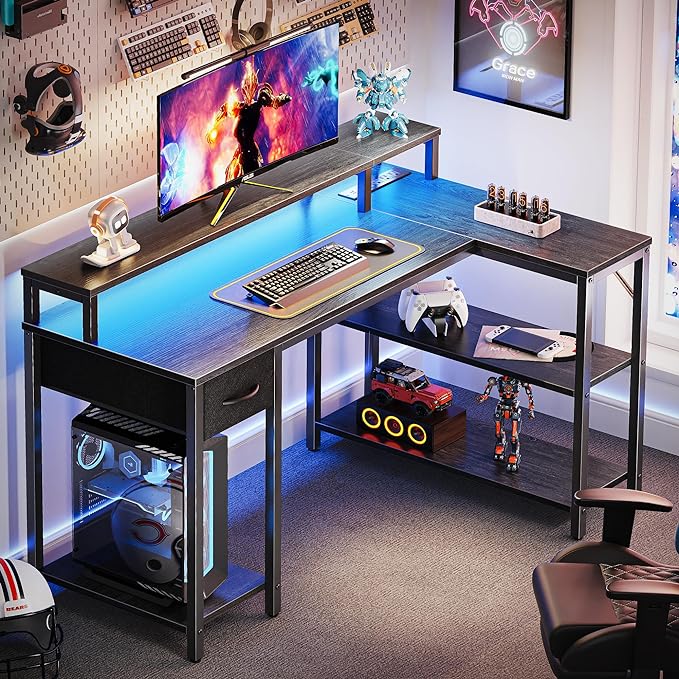 SUPERJARE 47 inch Reversible L Shaped Desk with LED Lights & Power Outlets, Computer Desk with Shelves & Monitor Stand, Gaming Desk with Drawer, Home Office Desk Corner Desk, Grey - LeafyLoom