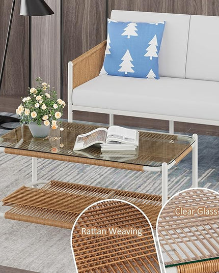 Shintenchi 5 Piece Wicker Outdoor Patio Furniture Set, White Metal Sofa Conversation Set, including Loveseat, Two Single Chairs and Two Coffee Tables for Backyard, Patio, Balcony, Poolside - LeafyLoom