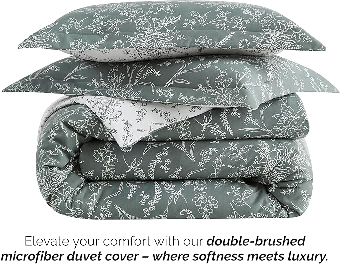 Southshore Fine Living, Inc. Full/Queen Comforter Set, Down Alternative Floral Comforter with Matching Shams, Reversible Print is 2 Colors in 1, Fits Queen & Full Beds, Winter Brush Green/White - LeafyLoom