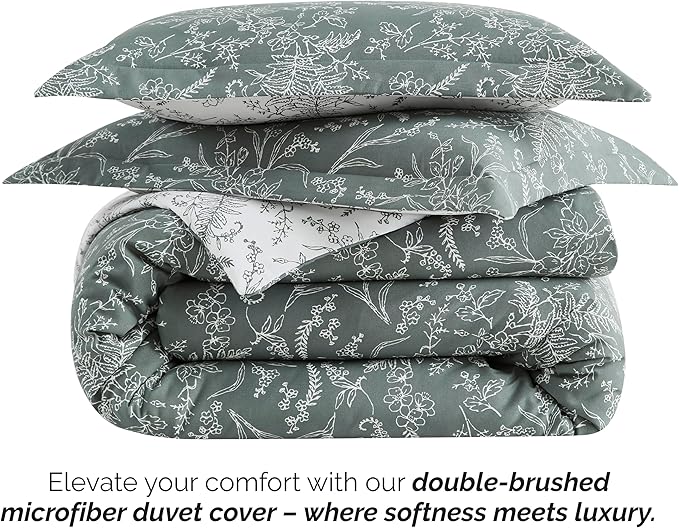 Southshore Fine Living, Inc. Oversized King Comforter Set, Down Alternative Floral Comforter with Matching Shams, Reversible Print is 2 Colors in 1, Fits King/Cal King, Winter Brush Green/White - LeafyLoom