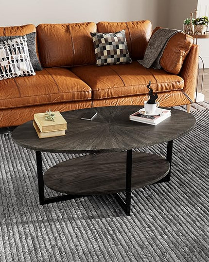 Solid Wood Oval Coffee Table with Cross Metal Legs, 43.3in Modern Industrail Center Table with Open Shelf Cocktail Tea Table for Living Room Bedroom, Rustic Black 1811BK - LeafyLoom