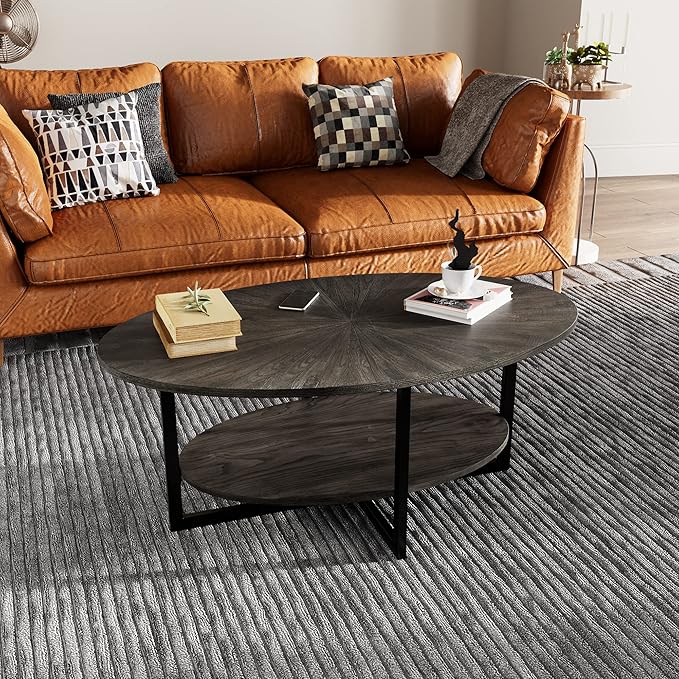Solid Wood Oval Coffee Table with Cross Metal Legs, 43.3in Modern Industrail Center Table with Open Shelf Cocktail Tea Table for Living Room Bedroom, Rustic Black 1811BK - LeafyLoom