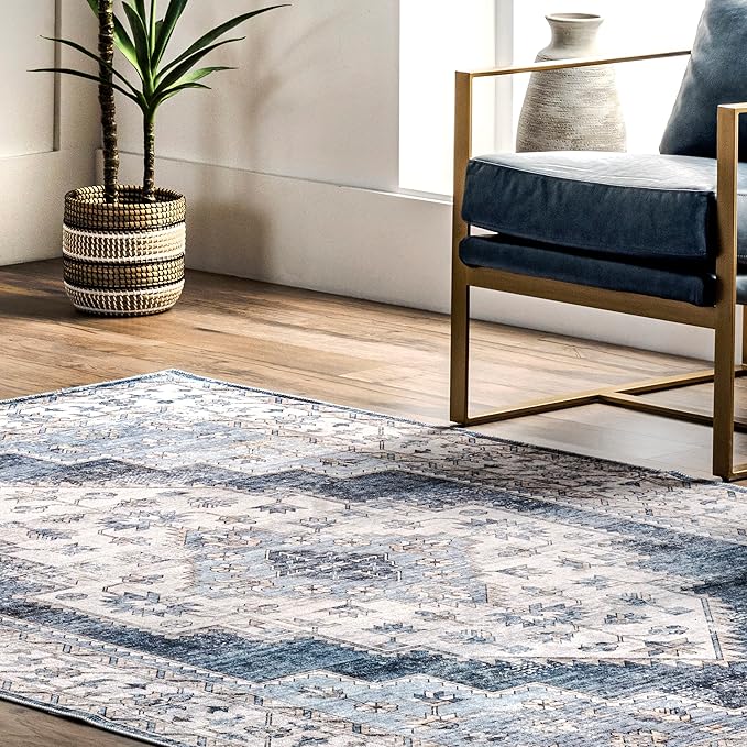 nuLOOM Dania Machine Washable Medallion Ultra Thin Area Rug, 4' x 6', Navy - LeafyLoom