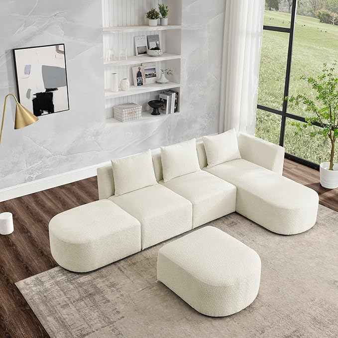113" L-Shape Sectional Side Chaise and Ottoman, Modular Sofa, DIY Combination, Loop Yarn Fabric for Living Room, Apartment, 113inch, Beige Right - LeafyLoom