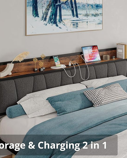 LIKIMIO California King Bed Frames, Storage Headboard with Charging Station, Solid and Stable, Noise Free, No Box Spring Needed, Easy Assembly - LeafyLoom