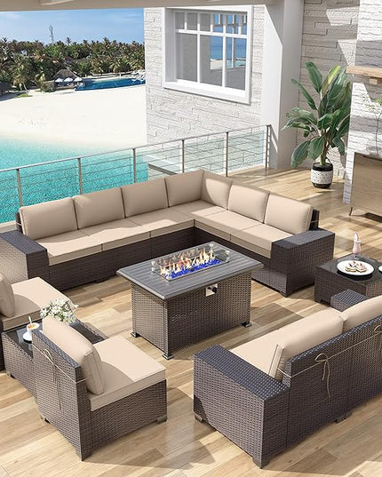 Patio Furniture Sectional Sofa Set 13-Pieces PE Rattan Patio Conversation Set w/43in Gas Fire Pit Table, Outdoor Furniture with 55000 BTU Propane Fire Pit, Sand - LeafyLoom