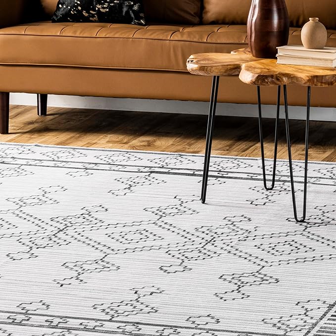 nuLOOM Bonny Diamond Striped Machine Washable Ultra Thin Area Rug, 8' x 10', Ivory - LeafyLoom