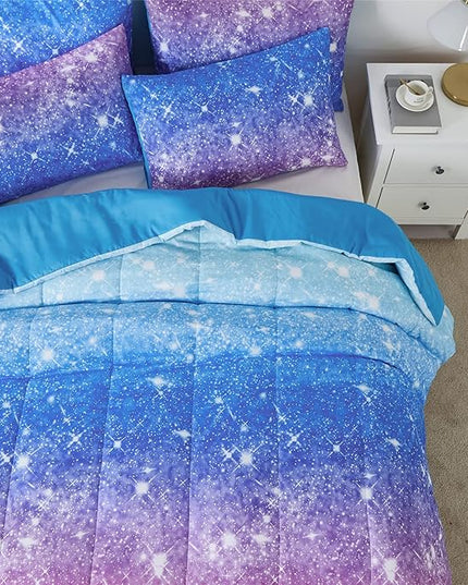 Rainbow Glitter Comforter Set Twin Size for Girls, Sparkle Galaxy Twinkle Starlight Comforter for Kids,2 Piece Aqua Blue Purple Pink Ombre Pastel Bedding Set with 1 Pillow Case(Rainbow,Twin) - LeafyLoom