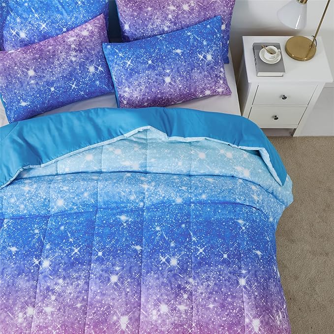 Rainbow Glitter Comforter Set Full/Queen Size for Girls, Sparkle Galaxy Twinkle StarlightTeen,3pc Aqua Blue Purple Pink Ombre Pastel Bedding with 2 Pillow Cases(Rainbow,Queen), Queen(3-Piece) - LeafyLoom