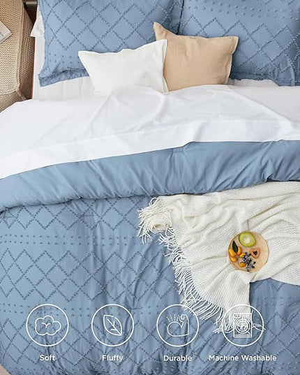 Bedsure Full Size Comforter Set - Grayish Blue Comforter, Boho Tufted Shabby Chic Bedding Comforter Set, 3 Pieces Farmhouse Bed Set for All Seasons, Fluffy Soft Bedding Set with 2 Pillow Shams - LeafyLoom