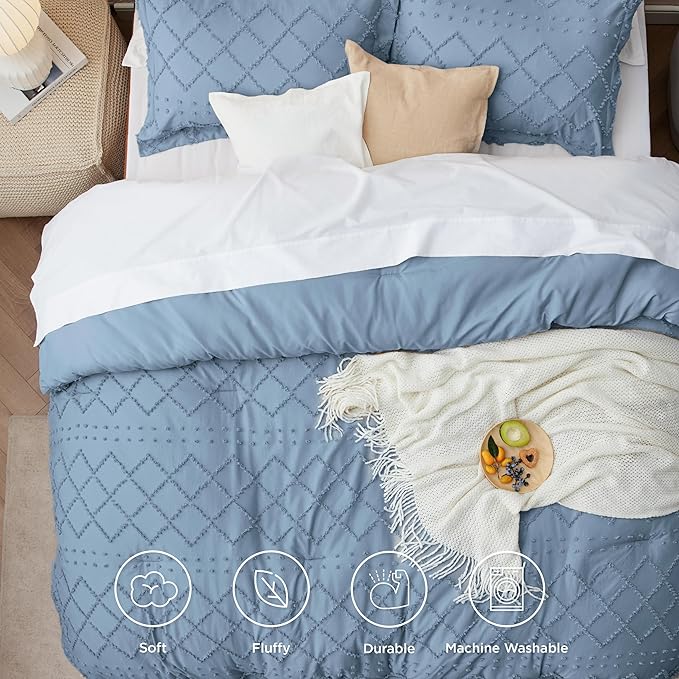 Bedsure Full Size Comforter Set - Grayish Blue Comforter, Boho Tufted Shabby Chic Bedding Comforter Set, 3 Pieces Farmhouse Bed Set for All Seasons, Fluffy Soft Bedding Set with 2 Pillow Shams - LeafyLoom