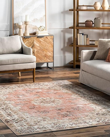 nuLOOM Ren Vintage Floral Machine Washable Ultra Thin Area Rug, 6x9, Peach - LeafyLoom