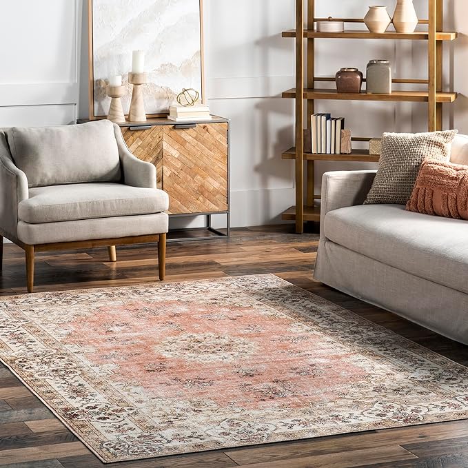 nuLOOM Ren Vintage Floral Machine Washable Ultra Thin Area Rug, 6x9, Peach - LeafyLoom