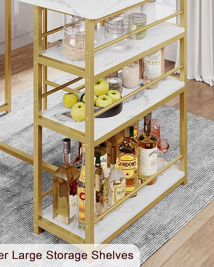 Dining Table Set for 2, Kitchen Table and Velvet Upholstered Chairs for 2, 3 Piece Counter Height Bar Table Set with 3 Large Storage Shelves for Small Space, Apartment, Gray and Gold White - LeafyLoom