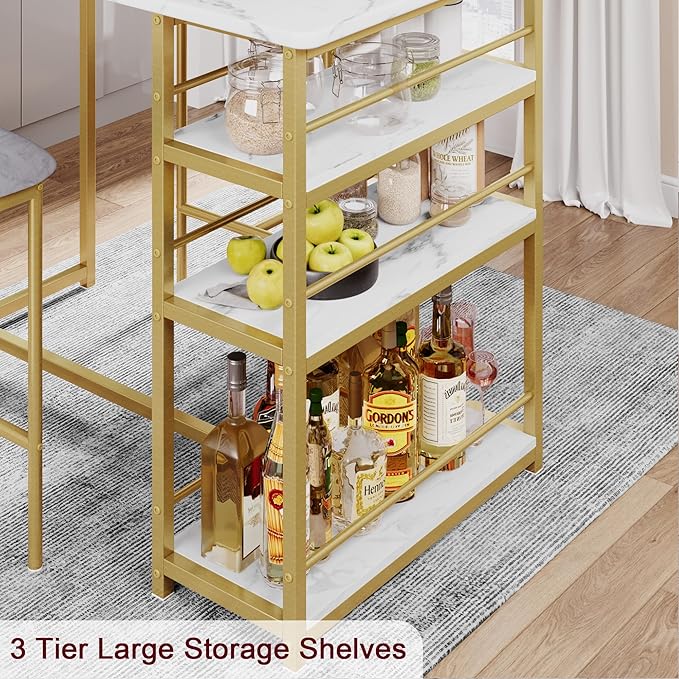 Dining Table Set for 2, Kitchen Table and Velvet Upholstered Chairs for 2, 3 Piece Counter Height Bar Table Set with 3 Large Storage Shelves for Small Space, Apartment, Gray and Gold White - LeafyLoom