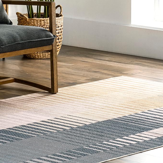 nuLOOM Lennie Modern Multi Striped Machine Washable Ultra Thin Area Rug, 3' x 5', Beige - LeafyLoom