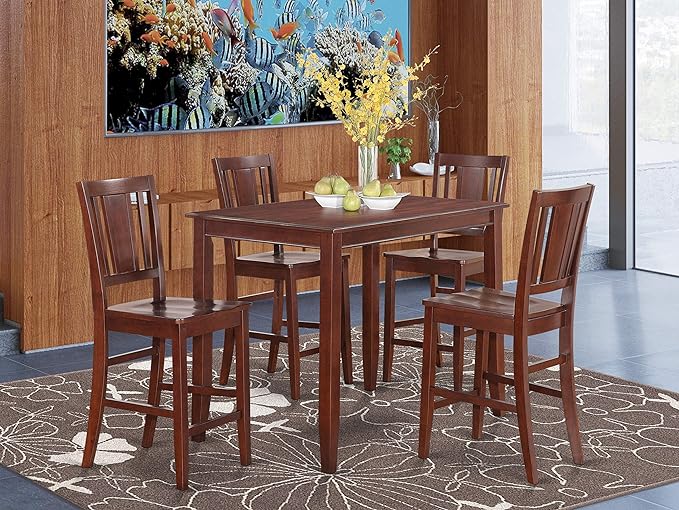 East West Furniture BUCK5-MAH-W Buckland 5 Piece Counter Height Set Includes a Rectangle Dining Room Table and 4 Wood Seat Chairs, 30x48 Inch - LeafyLoom