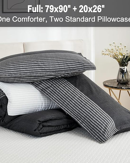 Litanika Full Size Comforter Sets Black White Grey - 3 Pieces Lightweight Bedding Set, All Season Down Alternative Comforter (1 Comforter, 2 Pillowcases) - LeafyLoom