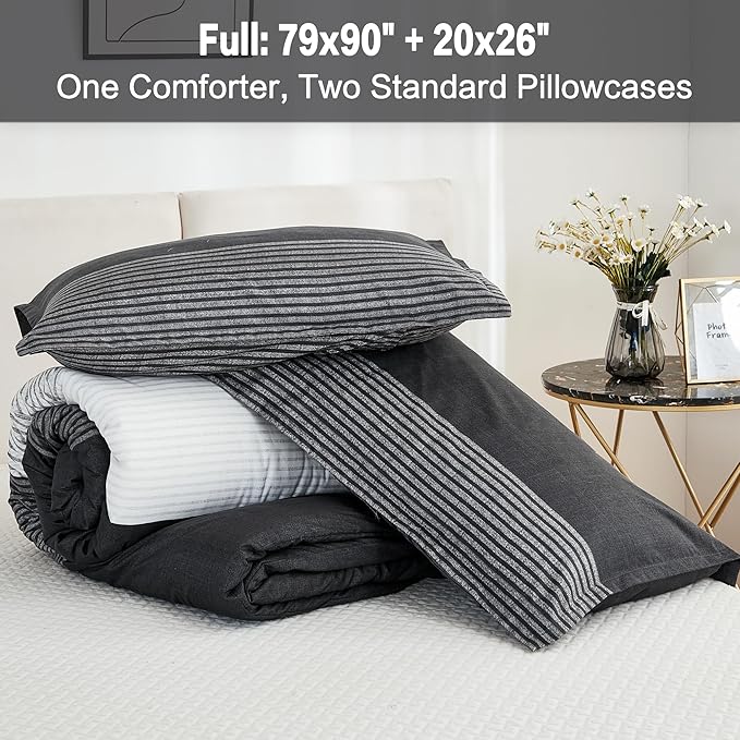 Litanika Full Size Comforter Sets Black White Grey - 3 Pieces Lightweight Bedding Set, All Season Down Alternative Comforter (1 Comforter, 2 Pillowcases) - LeafyLoom