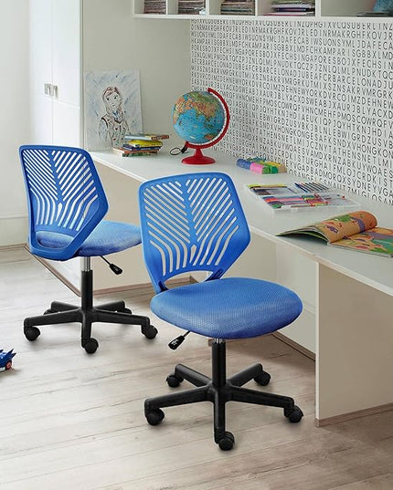 Yaheetech Students Desk Chair Low-Back Armless Study Chair Swivel Task Chair Cute Bedroom Chair with Lumbar Support Adjustable Height for Youth, Blue - LeafyLoom