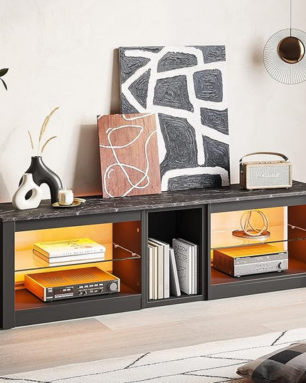 Bestier TV Stand for 70 inch TV, Gaming Entertainment Center for PS5, LED TV Cabinet with Glass Shelves for Living Room, 63'' Inch, Black Marble - LeafyLoom