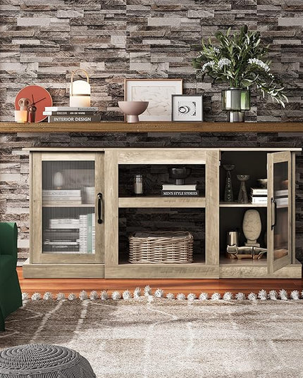 WLIVE Retro TV Stand for 65 inch TV, TV Console Cabinet with Storage, Open Shelves Entertainment Center for Living Room and Bedroom, Greige - LeafyLoom