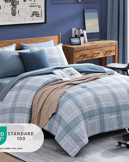 Blue King Size Comforter, Dorm Plaid Light Blue King Bedding Set Homestead-style King Size Bed Set for Bedroom (Light Blue,King,102"*90") - LeafyLoom