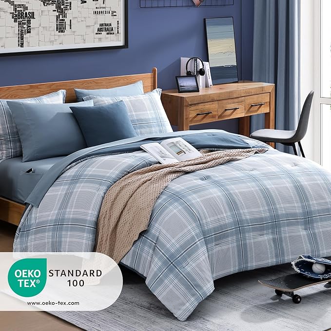 Blue King Size Comforter, Dorm Plaid Light Blue King Bedding Set Homestead-style King Size Bed Set for Bedroom (Light Blue,King,102"*90") - LeafyLoom