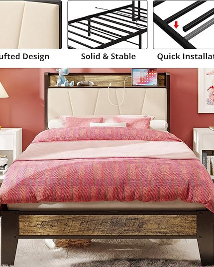 LIKIMIO Twin XL Bed Frames, Storage Headboard with Charging Station, Solid and Stable, Noise Free, No Box Spring Needed, Easy Assembly (Walnut and Beige) - LeafyLoom